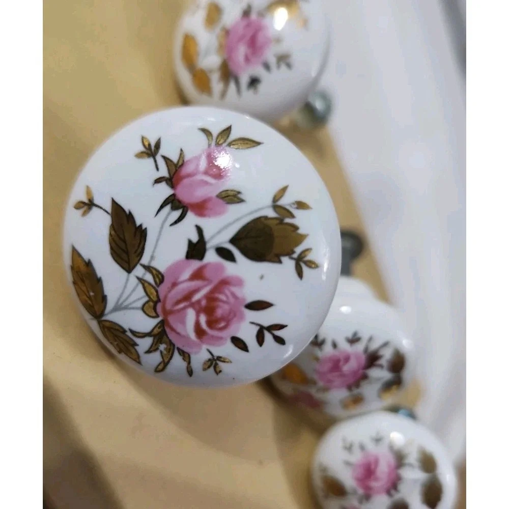 Vintage Ceramic Drawer Knob Gold Leafs With Pink Roses